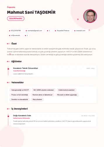 Gıda Mühendisi CV Örnekleri cv indir